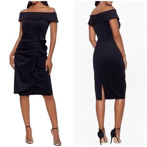 NWT Xscape Off Shoulder Ruched Cocktail Dress LBD Draped Flattering Sz 6